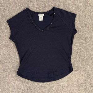 Y2K Voice Baby Tee Shirt Womens Large Blue Rhinestone V Neck Sparkle Crop Preppy